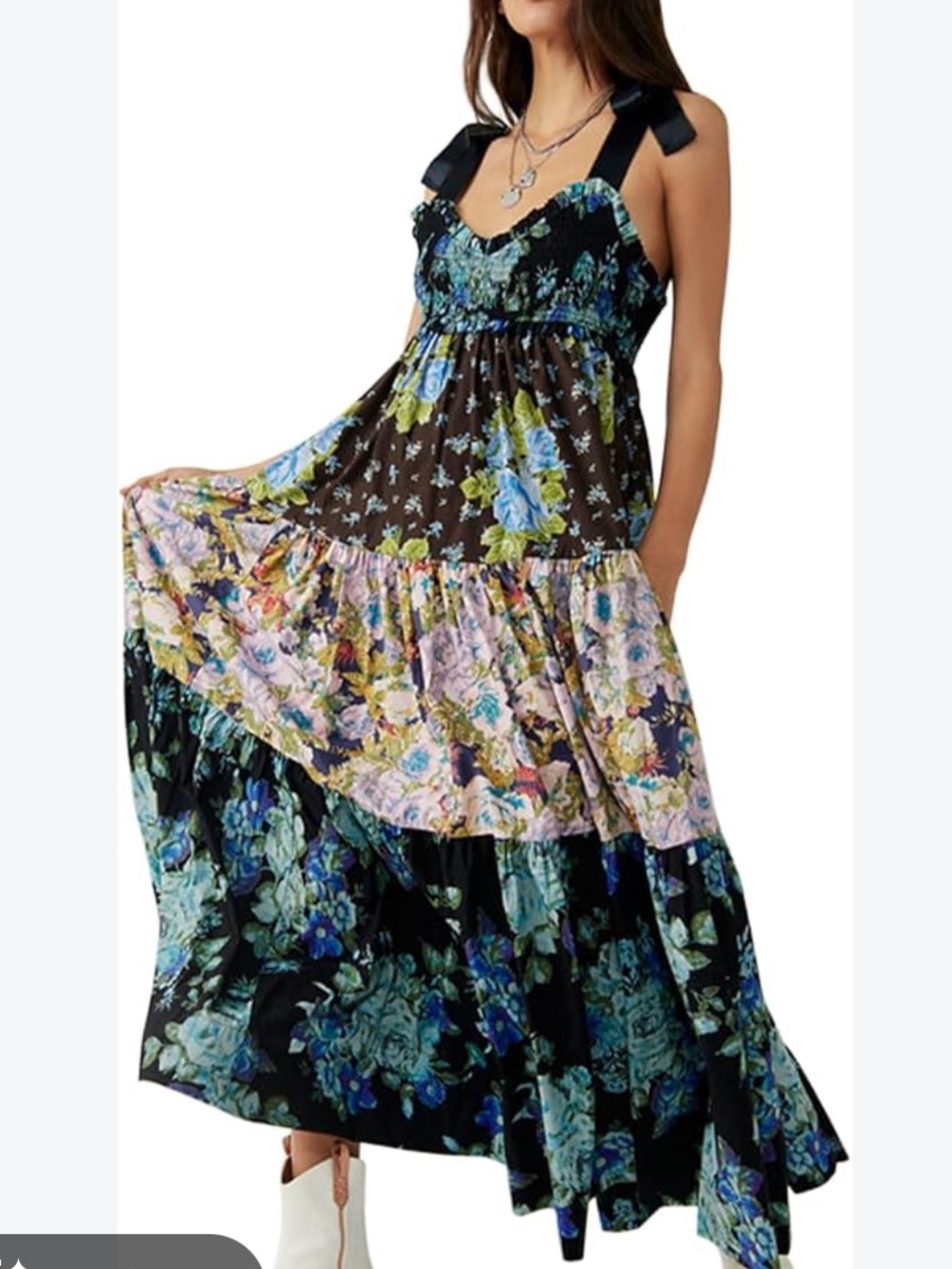 Free People womans Bluebelle Floral Tiered Maxi Dress with Ribbon Straps size S